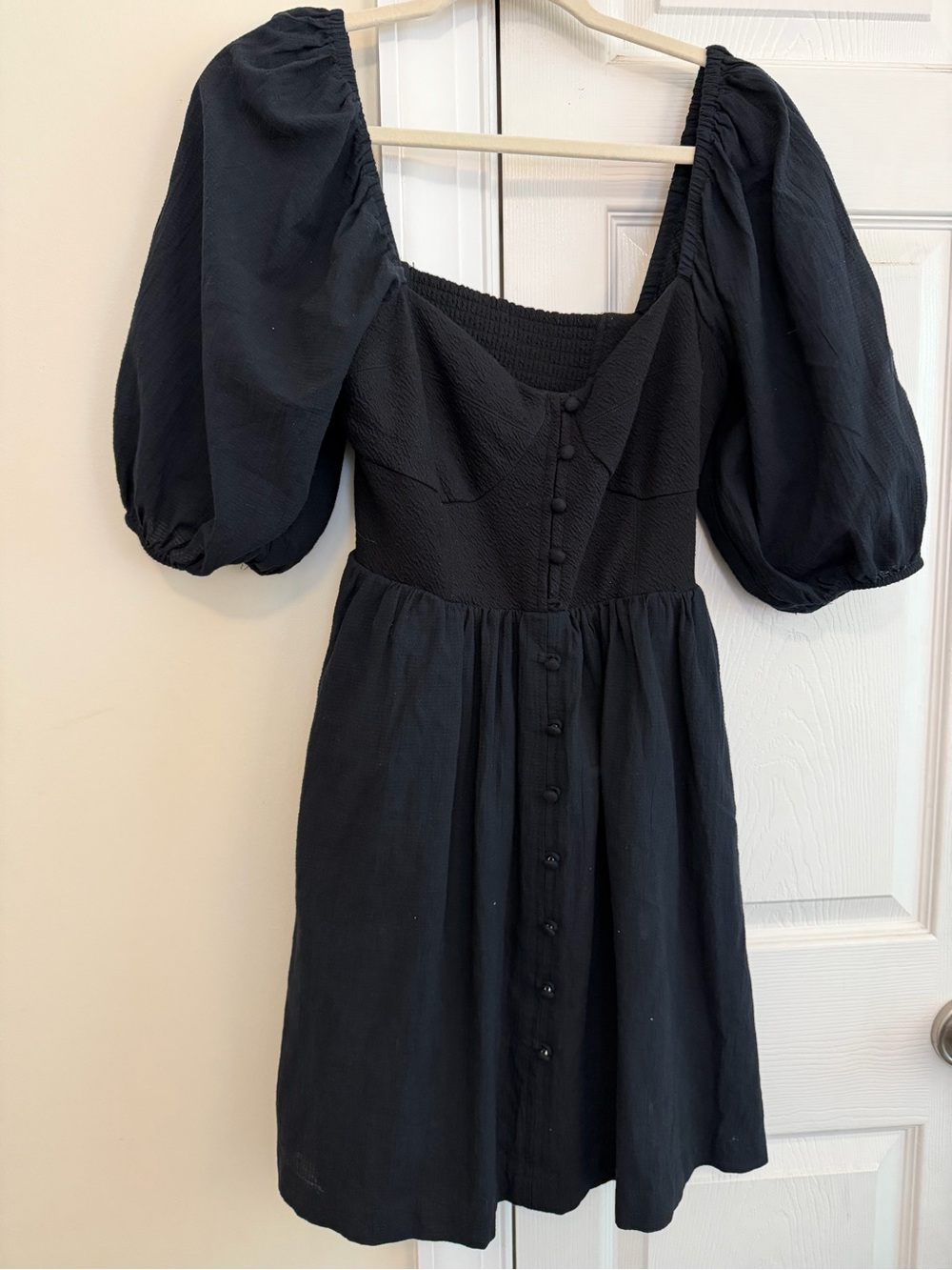 Anthropologie MAEVE Black Puff-Sleeve Smocked Mini Dress
